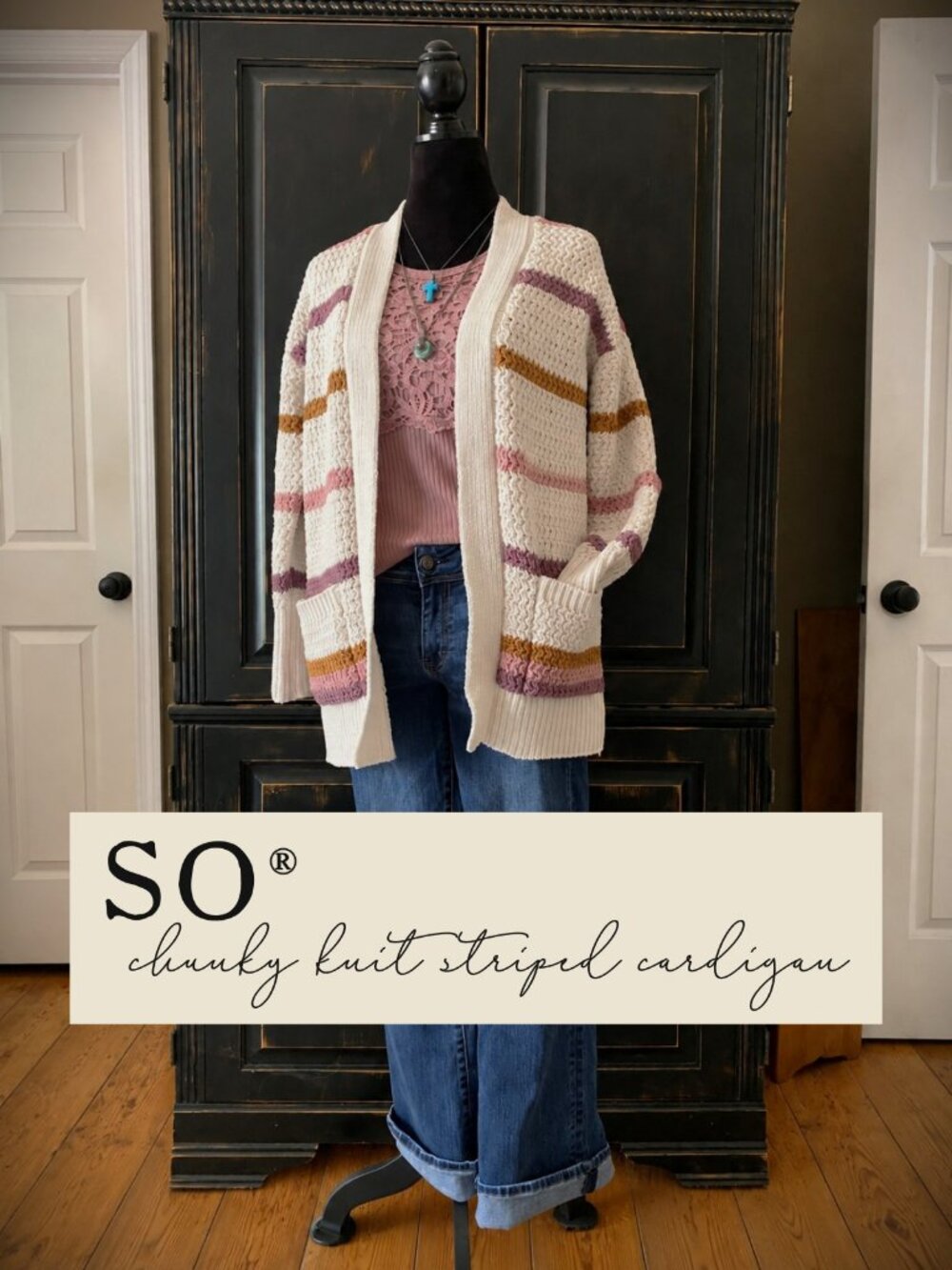 SO Chunky Chenille Open Front Cardigan | Cream Mauve Mustard Striped | Size M